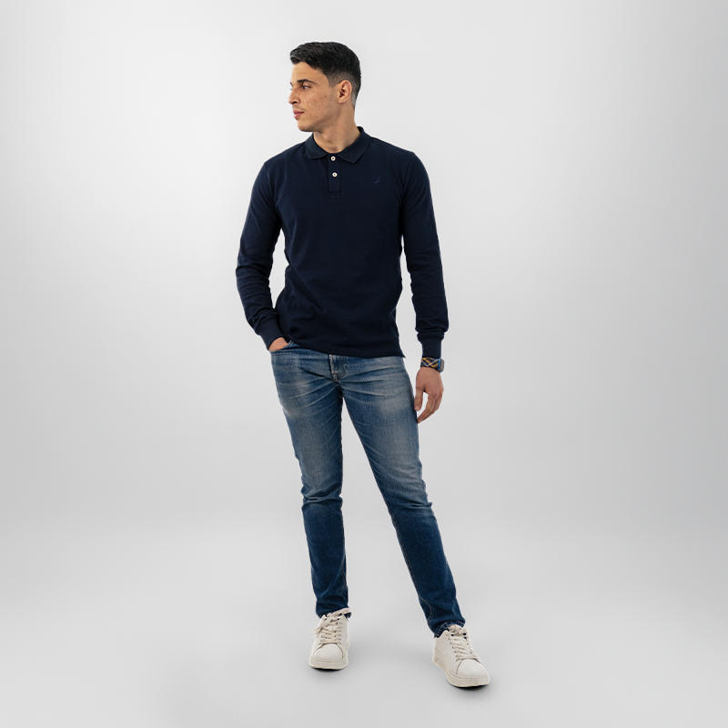 Polo homme à manches longues  - Broderie "Tom sur Tom"
