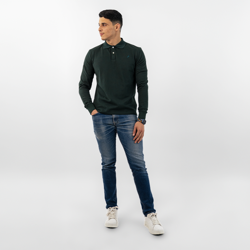 Polo homme à manches longues  - Broderie "Tom sur Tom"